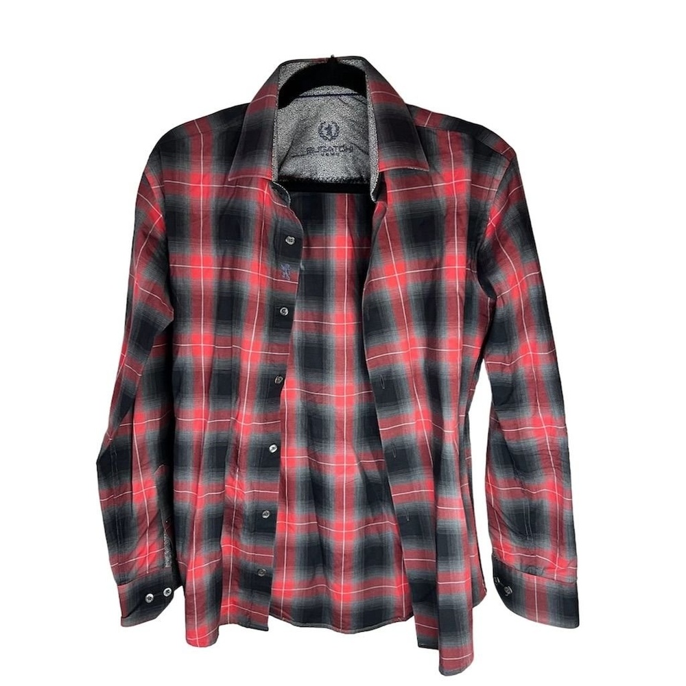 Bugatchi Men's M Red Black Plaid Long Sleeve Button-Down Flannel Shirt